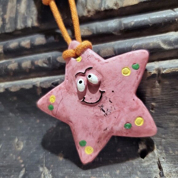 Artisan Star Fish Unglazed Clay Pink Yellow Multicolor OOAK Pendant Necklace - Picture 1 of 7